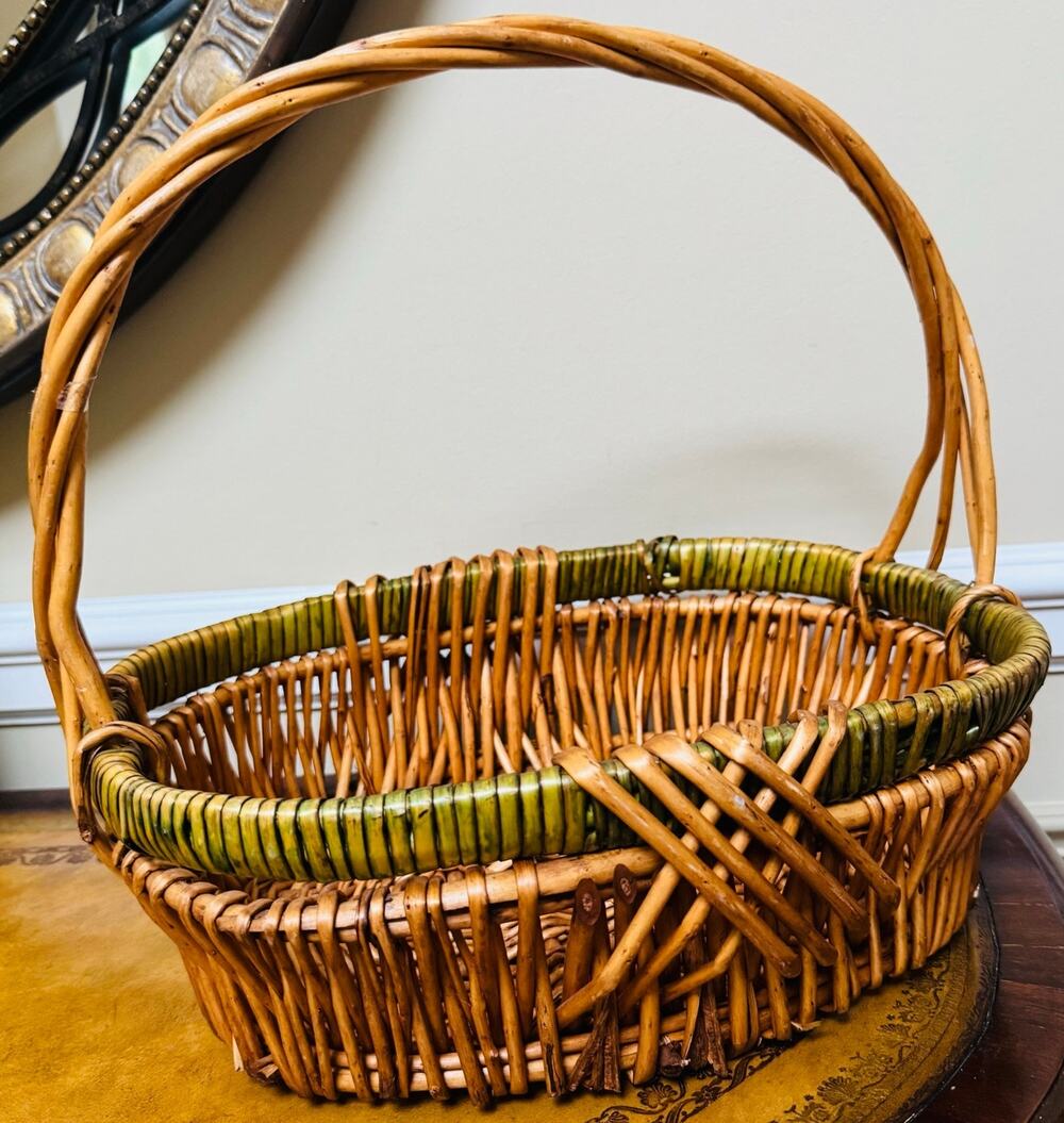 Oval Beige Brown Tan Green Boho Wicker Handwoven Gathering Basket w Arch Handle